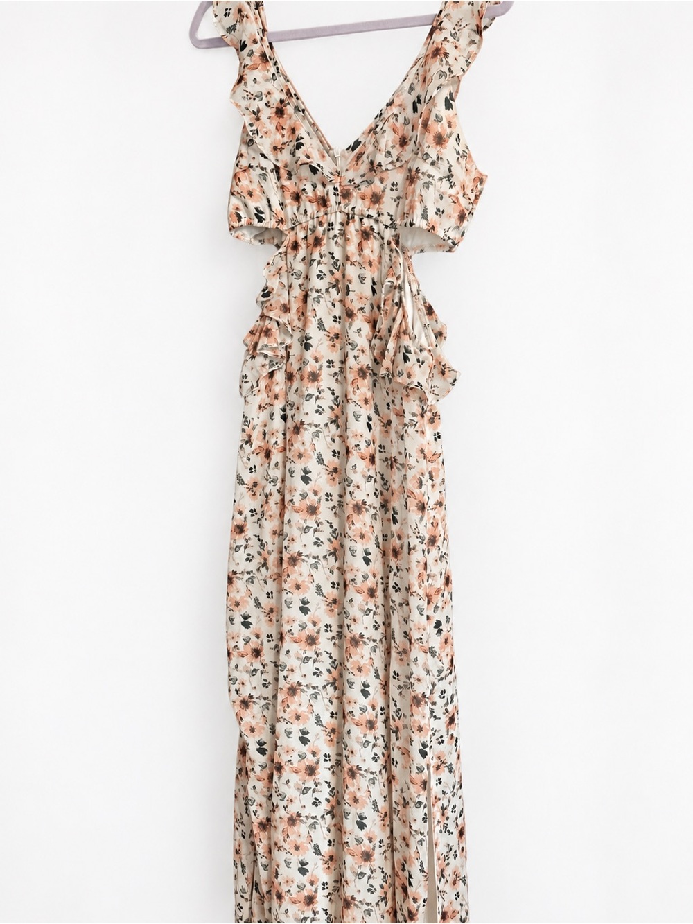 Altar’d State Floral Ruffle Cutout Maxi Dress Small Cream Peach Boho